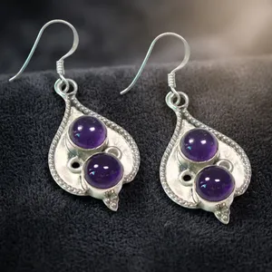 925 Sterling Silver Purple Amethyst Handcrafted Gemstone <b>Earrings</b> Ethnic Indian Design <b>Earrings</b> - Product Image 2