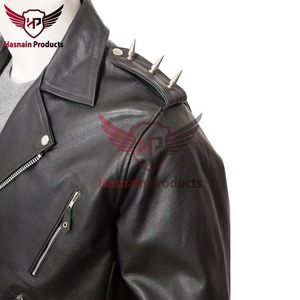 Chaqueta de cuero genuino negra para hombre con tachuelas y remaches, estilo motero, cremallera cruzada asimétrica, cinturón, abrigo de piel de vaca, estilo punk rock personalizado - Product Image 2