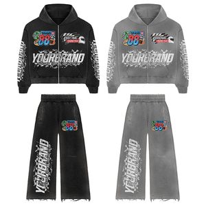 Survêtement personnalisé en strass pour femme, style Y2K streetwear, sweat à capuche zippé et pantalon évasé, ensemble jogging deux pièces 100% coton épais - Product Image 1