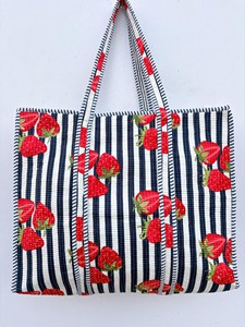 Bohemian <b>White</b> And Blue Stripped Cotton Tote <b>Bag</b> With Red Strawberry Print Summer Casual Zipper Shopping Travel Handbag - Product Image 3
