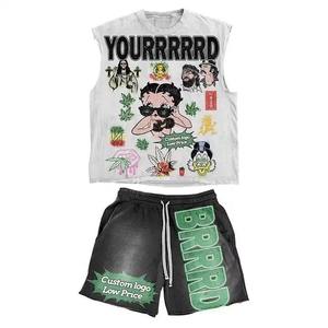 Conjunto de 2 piezas para hombre con efecto desgastado y lavado ácido, sin mangas, con dobladillo sin rematar, con logotipo personalizado, compuesto por camiseta sin mangas y pantalones cortos. - Product Image 2