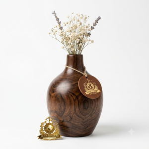 Jarrón de madera de nogal oscuro hecho a mano con etiqueta de cuero, soporte redondo para flores secas de paniculata, centro de mesa, venta al por mayor - Product Image 1