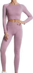 Women Ribbed High Waist Leggings with Stylish Racerback Sports Bra Gym Set - Product Image 3