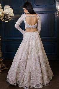 White Net Embroidered Lehenga Choli <b>Wedding</b> Dress Long Sleeve Crop <b>Top</b> A-line Maxi Dress Bride Party Wear - Product Image 3