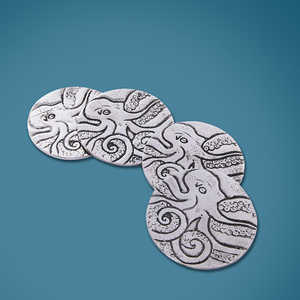 Artistic Octopus Engraved Metal <b>Coaster</b> Sets <b>Silver</b> Finised For Home Guest Hosting Bars Entertainment Spaces From India - Product Image 3