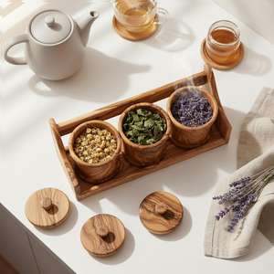 Juego completo de tarros de especias de madera de olivo con estante, contenedor de almacenamiento de condimentos artesanal para cocina, recipiente decorativo para azúcar, sal y pimienta. - Product Image 3