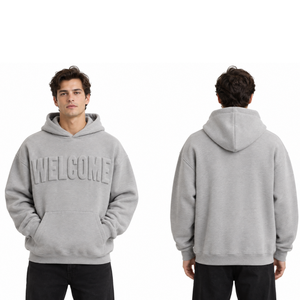 Sudadera con Capucha Gris para Hombre al por Mayor, con Estampado de Letras en Relieve 'Welcome', Estilo Casual Oversize, Pullover, Ropa Urbana - Product Image 3