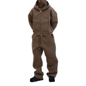 Men's Brown Hooded Sweatshirt <b>Set</b> Casual French Terry Solid Color Joggers Autumn Wear - Product Image 2