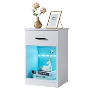 Comodino in truciolato bianco con LED, 1 cassetto e presa, 40x35x60cm - Product Image 4