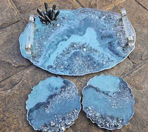 Geode Resin Tray Serving Tray Jewelry Tray <b>Makeup</b> <b>Vanity</b> tray Resin tray with handles Perfume tray Epoxied tray Wine Cheese tray - Product Image 1