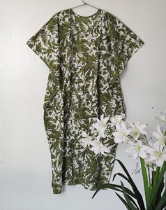 Women’s Boho V-Neck Tropical Leaf Hand Print <b>Kaftan</b> Dress Olive Green Cotton Loose Fit <b>Summer</b> Beach Dress - Product Image 4