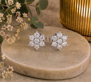Flowers Style 925 Sterling Silver Classic Round Cut Moissanite Stud <b>Earrings</b> With Rhodium Plating for Partners Gift Her - Product Image 5