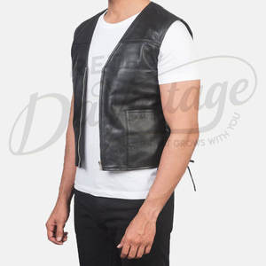 Chaleco de cuero genuino negro para hombre, con cordones laterales, sin mangas, corte ajustado, cuello en V, cremallera frontal, estilo casual, tipo motero. - Product Image 6