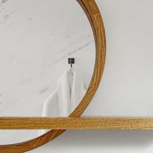 Modern Round Solid Wood Wall Mirror Integrated Storage Ledge Shelf Natural <b>Oak</b> Timber <b>Frame</b> Bathroom Vanity Decor Artwork Object - Product Image 2