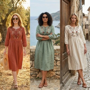 Robe midi en lin et coton brodée de fleurs pour femmes, élégante, bohème, ethnique, décontractée, manches 3/4, col rond, coupe évasée, kurti d'été - Product Image 2