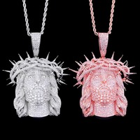 Pendentif Visage de Jésus Hip Hop en Argent 925 Plaqué Rhodium, Couronne d'épines, Micro-incrustation, Taille Brillant, Sertissage à griffes, Breloque Unisexe pour Fête