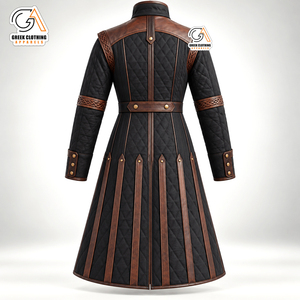 Premium <b>Men's</b> Quilted Medieval Gambeson <b>Coat</b> Renaissance Trim Belted <b>Long</b> Jacket with Front Logo Windproof & <b>Waterproof</b> - Product Image 2