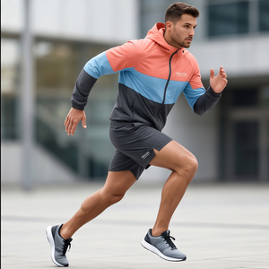 Wholesale Mens Waterproof Windbreaker <b>Zip</b> Up <b>Hoodie</b> With Zipper <b>Pockets</b> Shorts Set Athletic Running Streetwear Outfits - Product Image 4