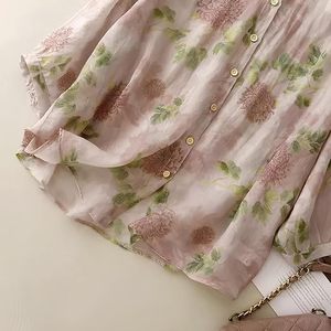 Chemise boutonnée à imprimé floral rose clair pour femme, avec col mandarin et coupe décontractée, manches 3/4 - Product Image 4