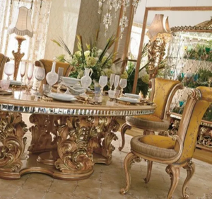 ชุดโต๊ะรับประทานอาหารรูปวงรีไม้สักแท้สีทองหรูหรา ดีไซน์ยุโรปคลาสสิก ทนทาน เป็นมิตรกับสิ่งแวดล้อม เหมาะสำหรับโรงแรม - Product Image 3