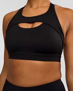 Sujetador deportivo de yoga sin costuras Timelywears para mujer, negro, con diseño recortado, soporte medio, color sólido - Product Image 1