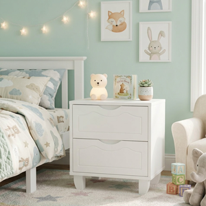 Table de chevet personnalisée en bois massif blanc avec 2 tiroirs sculptés, durable et sécurisée pour les enfants, prête à l'exportation - Product Image 1