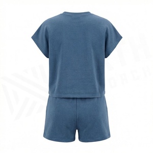 Ensemble 2 pièces pour femme en coton uni, col rond, manches courtes, coupe ample, au-dessus du genou, tenue décontractée printemps-été - Product Image 2