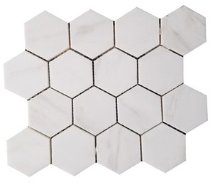 Mosaico hexagonal de 4 pulgadas en blanco, beige, amarillo limón y gris claro, mármol pulido moderno para pared interior de baño, resistente al agua. - Product Image 3