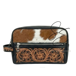 Black <b>Tooled</b> Leather Cosmetic <b>Bag</b> Hair On Hide Makeup Pouch Western Travel Organizer Unisex Dopp <b>Kit</b> - Product Image 2