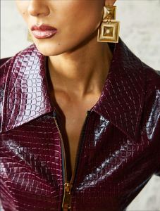 Ensemble veste et jupe de moto pour femme en cuir gaufré croco de luxe, respirant, aspect cuir, tenue deux pièces pour l'automne/hiver - Product Image 4