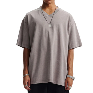 Camiseta de hombre de algodón puro con cuello en V, de manga corta, estilo retro, de punto, oversize, teñida con cera, lavada, vintage, con personalidad, lisa - Product Image 1