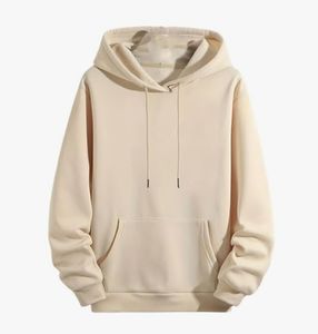 Unisex Beige Hooded Sweatshirt Oversized Fit French Terry Casual Pocket Autumn Wear Knitted Solid Color Regular Sleeve - Product Image 1