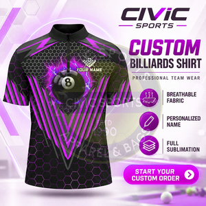 Polo à fermeture éclair personnalisé pour homme, noir et violet, 8 Ball Billiards, maillot de sport, tissu 100% polyester, sublimation, maillot de billard - Product Image 2