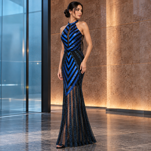 Glamorous Cobalt Blue Sequin Gown Halter Keyhole Neck Sleeveless | <b>Chevron</b> Embellished Sheath Floor Length Evening Party <b>Dress</b> - Product Image 3