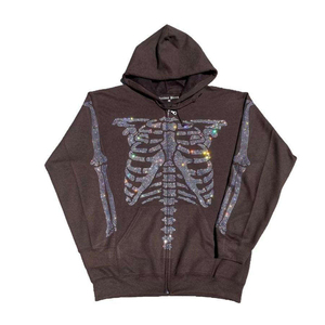 Custom Rhinestone Hoodies Bling Rhinestone Hoodie Design <b>Skeleton</b> Skull <b>Full</b> Zip up Hoodie Wholesale Custom Hoodie - Product Image 4