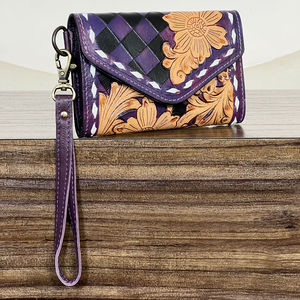 New Arrival Purple & Black Tooled Checkered Leather Cute Wallet Trendy Floral Design ATM Card Holder Women Long Clutch for Gifts - Product Image 4