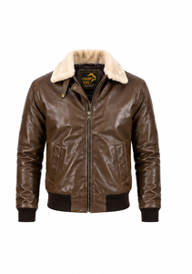 Veste bomber en cuir véritable marron pour homme CHAMP KING avec col en fourrure et fermeture éclair - Product Image 1