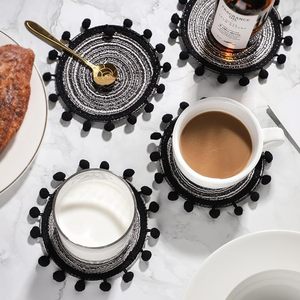 Handwoven Round Cotton Rope <b>Coaster</b> <b>Set</b> with Black Pom Pom Trim Boho <b>Table</b> <b>Mats</b> Farmhouse Drink <b>Coasters</b> <b>Set</b> <b>of</b> <b>6</b> - Product Image 2