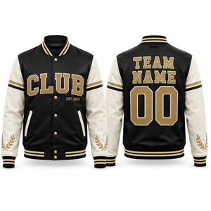Club Varsity <b>Jacket</b> <b>Men</b> Black Cream Embroidered <b>Lettering</b> Preppy Style Autumn Wear - Product Image 1