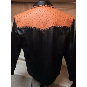 Tan Patchwork Men's Premium Genuine Cowhide Leather Ostrich Embossed Jacket Sample Service Customization Available - Product Image 3