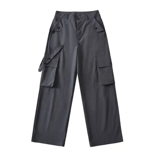 Men's Black <b>Wide</b> <b>Leg</b> <b>Cargo</b> Pants High Waist Multiple Pockets Workwear Style Button Closure Woven Fabric - Product Image 2