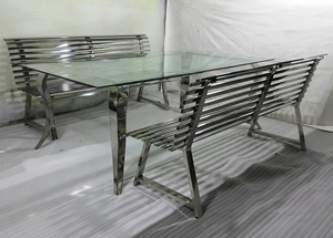 Banc de patio en métal d'extérieur en acier inoxydable avec assise à lattes et dossier, mobilier de jardin moderne pour hôtel et salon - Product Image 4