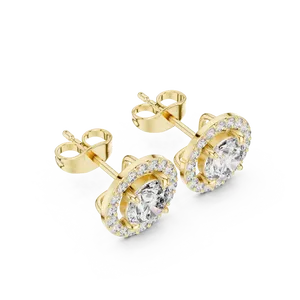 Boucles d'oreilles clous micro-pavées en diamant de laboratoire taille brillant rond, avec halo, en or massif 18 carats, bijoux fins pour femme, accent cercle étincelant - Product Image 2