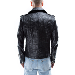 Blouson moto homme en cuir PU noir gaufré crocodile, coupe ajustée, col rabattable, fermeture éclair, manches classiques, style automne - Product Image 2