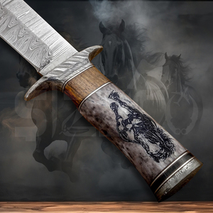 Custom Handmade Damascus Steel Bowie <b>Knife</b> with Stallion Horse Engraved <b>Handle</b> & Leather Sheath Hunting Camping OEM Ideal Gift - Product Image 5