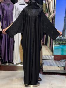 2026 New V Neck Long Sleeve Floor Length Modest Polyester Handmade <b>Flared</b> Hem Abaya Beaded Detail Women's Traditional Muslim - Product Image 1