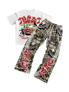 Men 2 Piece Tracksuit Set Letter Graphic T Shirt and Drawstring <b>Flared</b> <b>Sweatpants</b> OEM <b>Wholesale</b> - Product Image 1