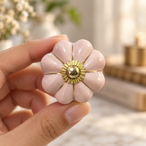 SHUBHAM <b>Pink</b> Flower Ceramic Cabinet Knob with Gold Tone Hardware Decorative Drawer Dresser <b>Wardrobe</b> Furniture Handle - Product Image 1