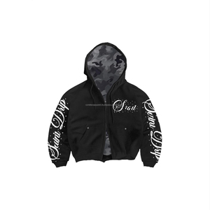 ชุดเซ็ตเสื้อฮู้ดดี้และกางเกงวอร์มทรงบานโอเวอร์ไซส์ สไตล์สตรีทแวร์ สำหรับผู้ชาย ผ้าคอตตอน 100% ซิปหน้า ล้างสีแบบ Acid Wash ประดับคริสตัล - Product Image 4