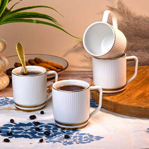 Classic White <b>Gold</b> Glazed Ceramic <b>Mugs</b> Microwave Safe Ribbed Cups with Striped Flowered Patterns Elegant Gift Cups with Gift Box - Product Image 2